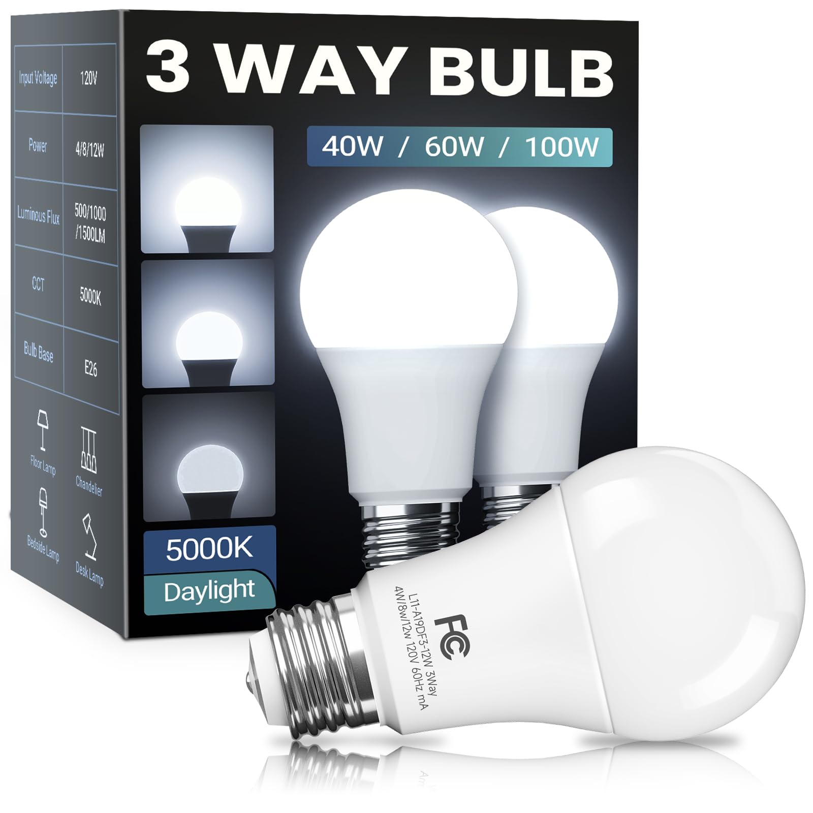 TJOY 3 Way Light Bulbs 40 60 100W Equivalent Daylight White 5000K, 2 Pack
