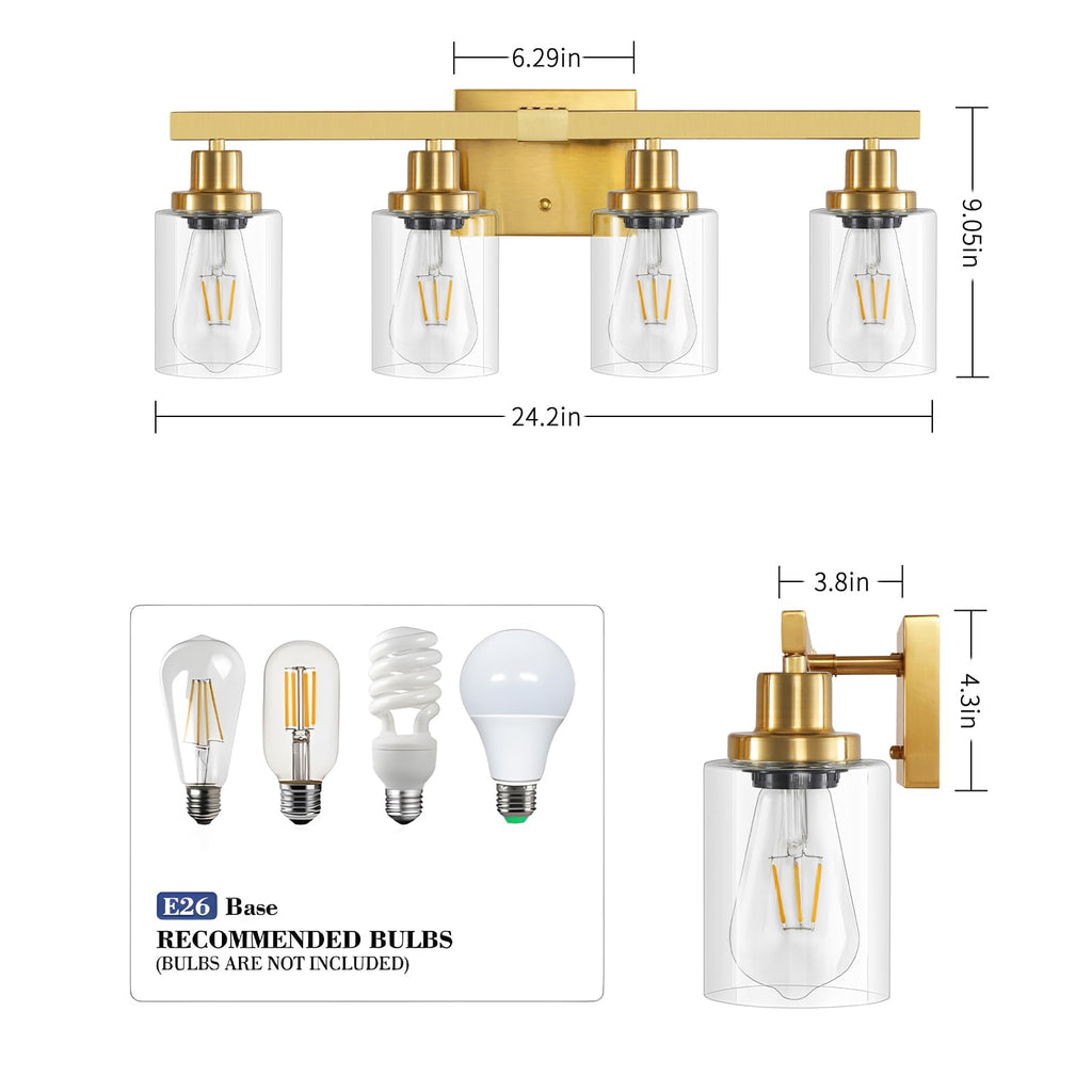 DIKAIDA Bathroom Vanity Light, 4-Light Modern Matte Gold Wall Sconce Lighting with Clear Glass Shade, Black Wall Lights,Bath Vintage Wall Mounted Lamps for Mirror Bedroom Living Room