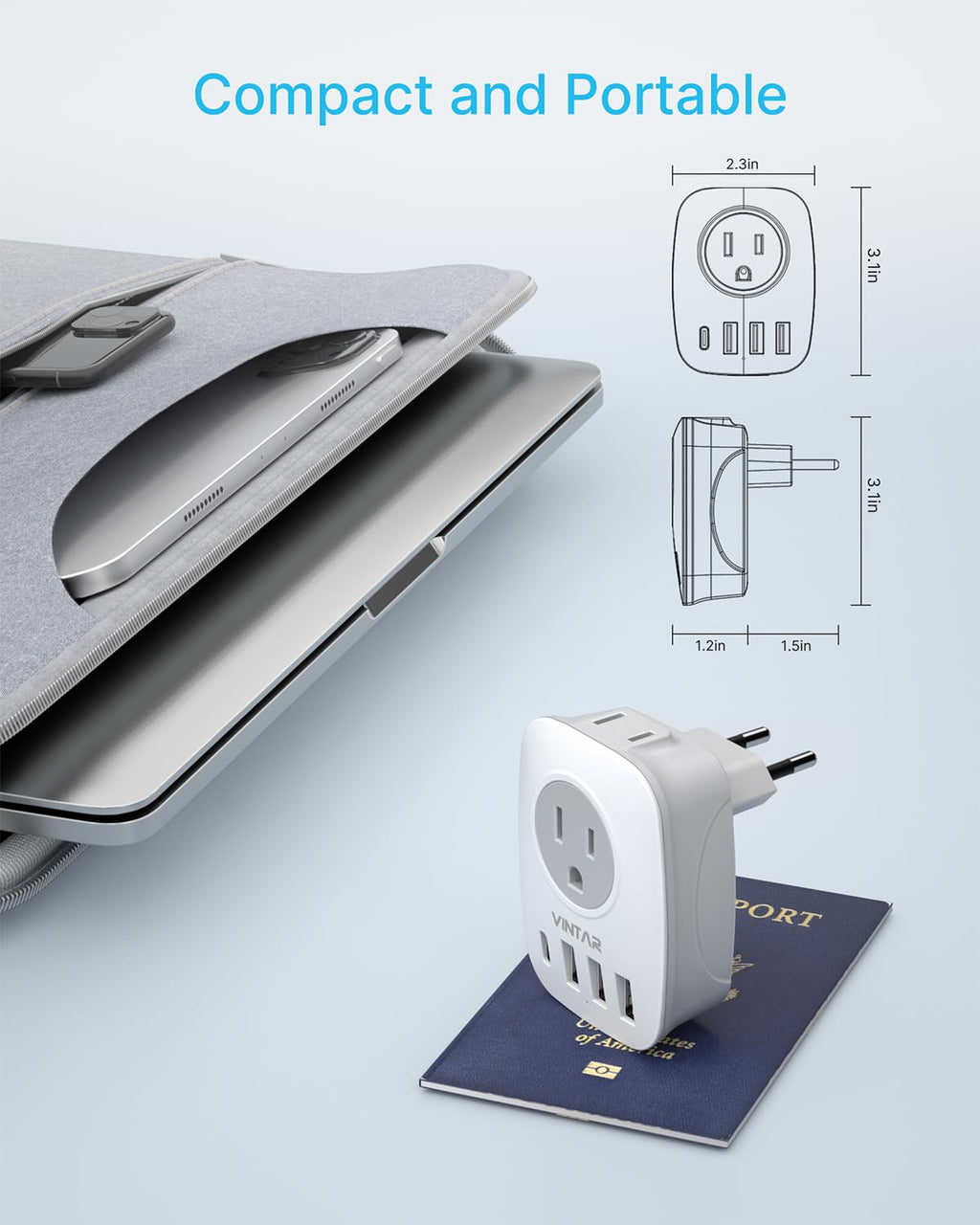 2 Pack European Travel Plug Adapter, VINTAR International Power Plug Adapter with 1 USB C, 2 American Outlets and 3 USB Ports, 6 in 1 Travel Essentials to Most of Europe Greece, Italy(Type C)