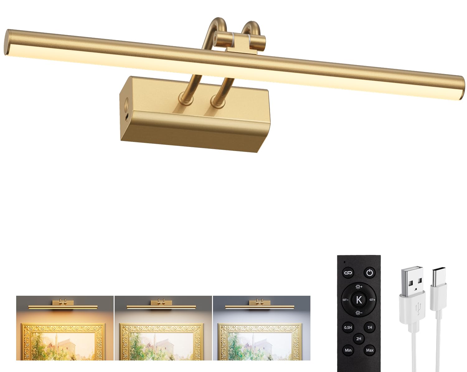 13.8'' Battery Operated Picture Light for Wall, 4000mAh Cordless Wall Lamp for Painting Photo Artwork , Remote Control, Magnetic for Easy to Charge,Timers, Display for Gallery Living Room Bedroom Gold