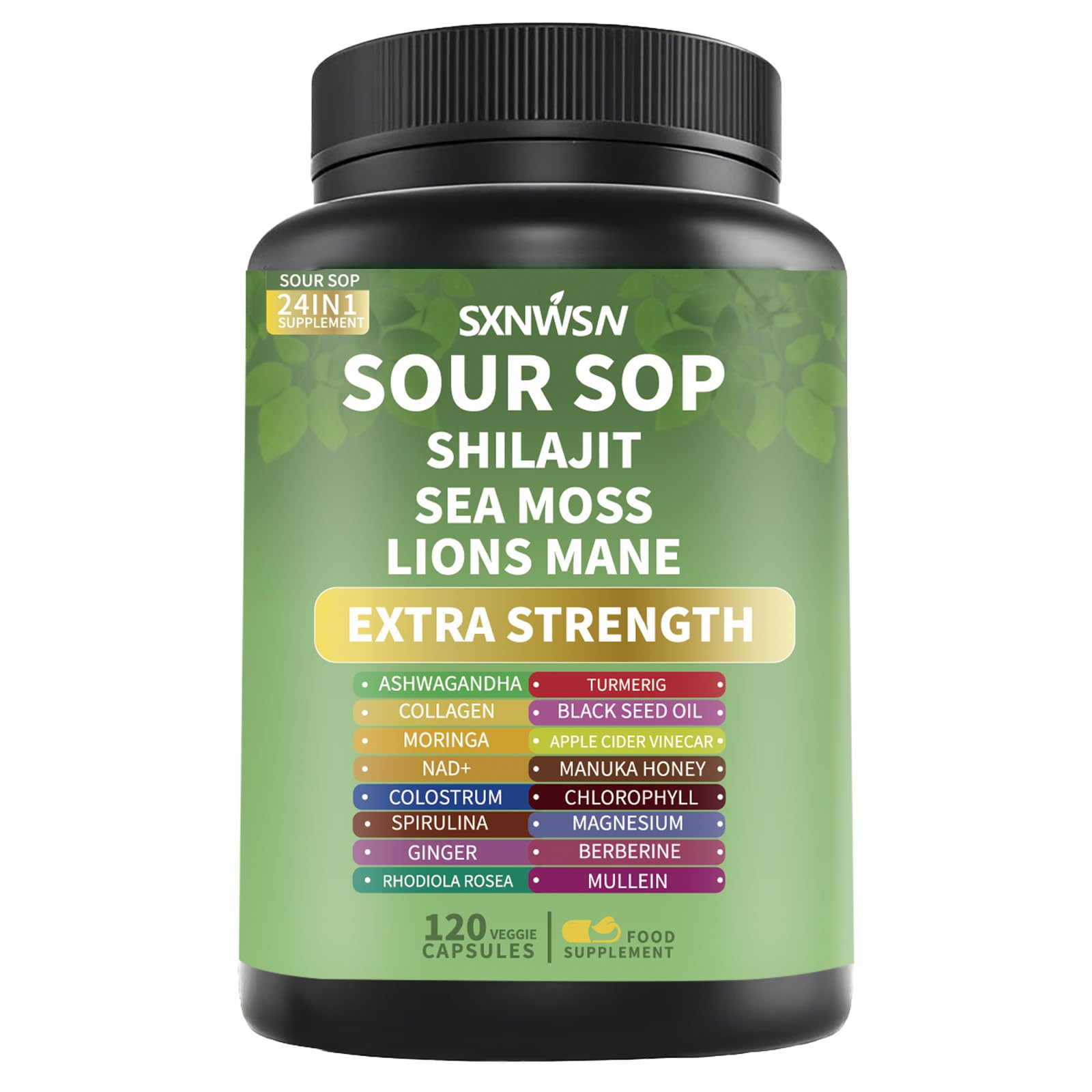 Soursop Supplement with Ashwagandha Sea Moss Lions Mane Turmeric Shilajit - Graviola Complex Capsules for Antioxidant, Brain & Joint & Skin Support | 120 Vegan Capsules