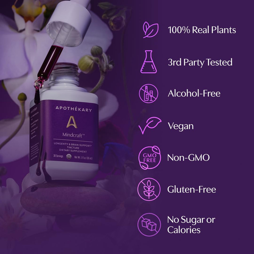 Apothékary Mindcraft, Supports Focus, Cognition, Longevity, and Anti-Aging, Fast-Acting Herbal Liquid Drops with Lion’s Mane and Cordyceps, Certified Organic, Made in USA, 1 fl oz, 30 Servings