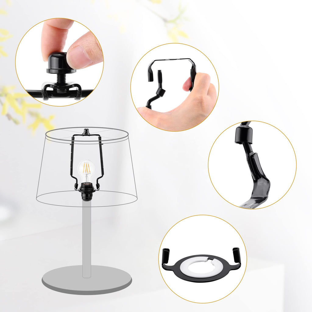 Mornajina 2Packs 7 8 9 10 inch Lamp Shade Harp Holder, Adjustable Lamp Harps and Finals, Fit both Standard Lamp Rod and E26 E27 Light Base UNO Fitter Adapter Converter Finial Set (Black)