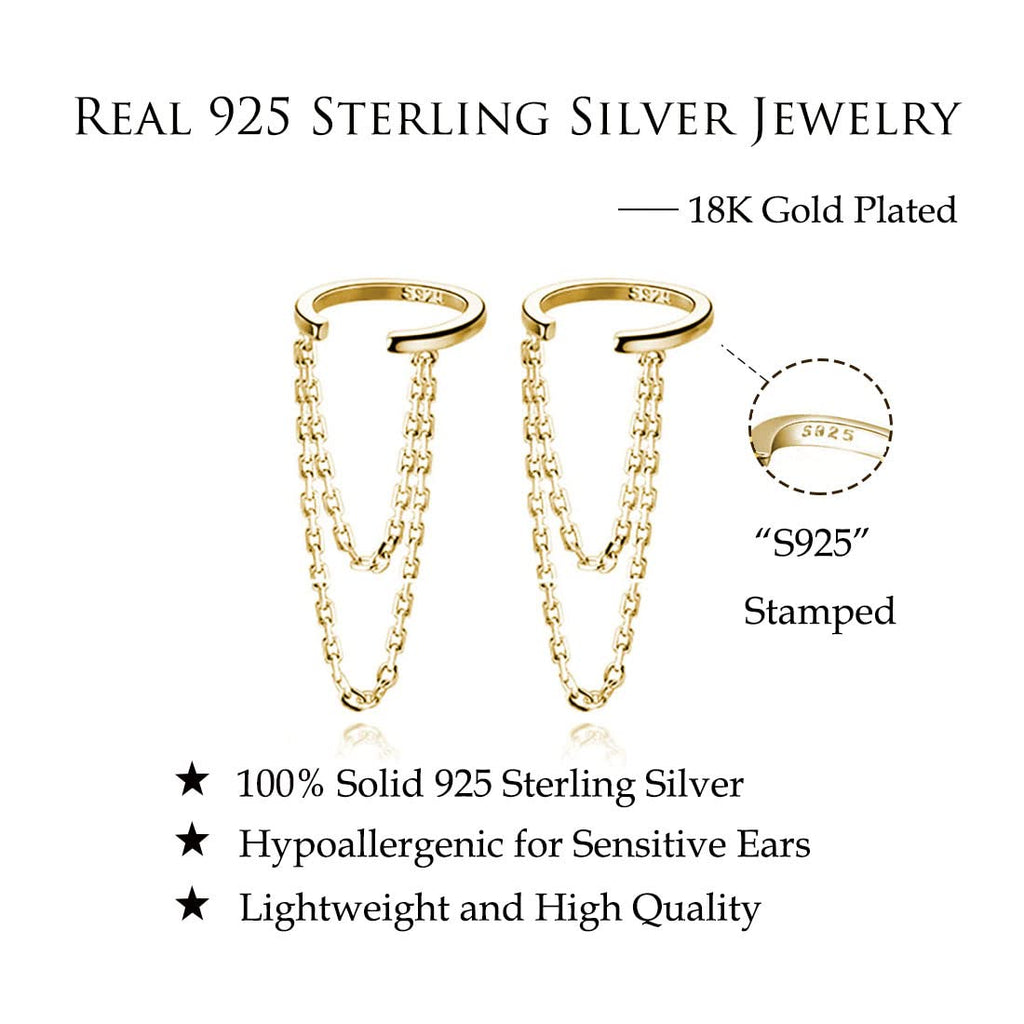 Reffeer Solid 925 Sterling Silver Minimalist Cuff Earrings Chain for Women Teens Cartilage Wrap Earrings Helix Cuffs (B-18K Gold)