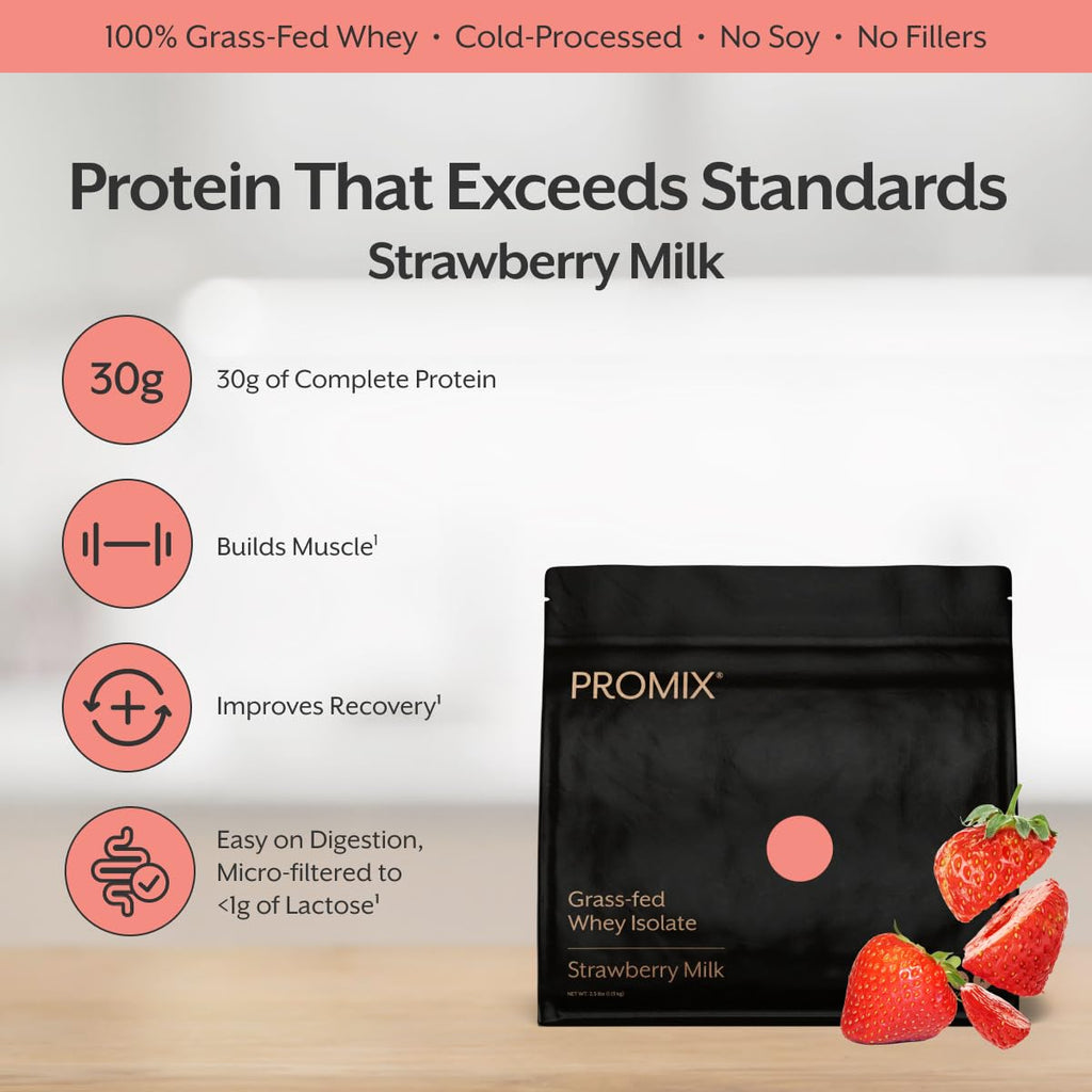 ProMix Nutrition Whey Protein Isolate Powder, 31g Grass Fed Whey Isolate, 6.6g BCAAs, Gluten Free, Keto Friendly, Strawberry, 5lb
