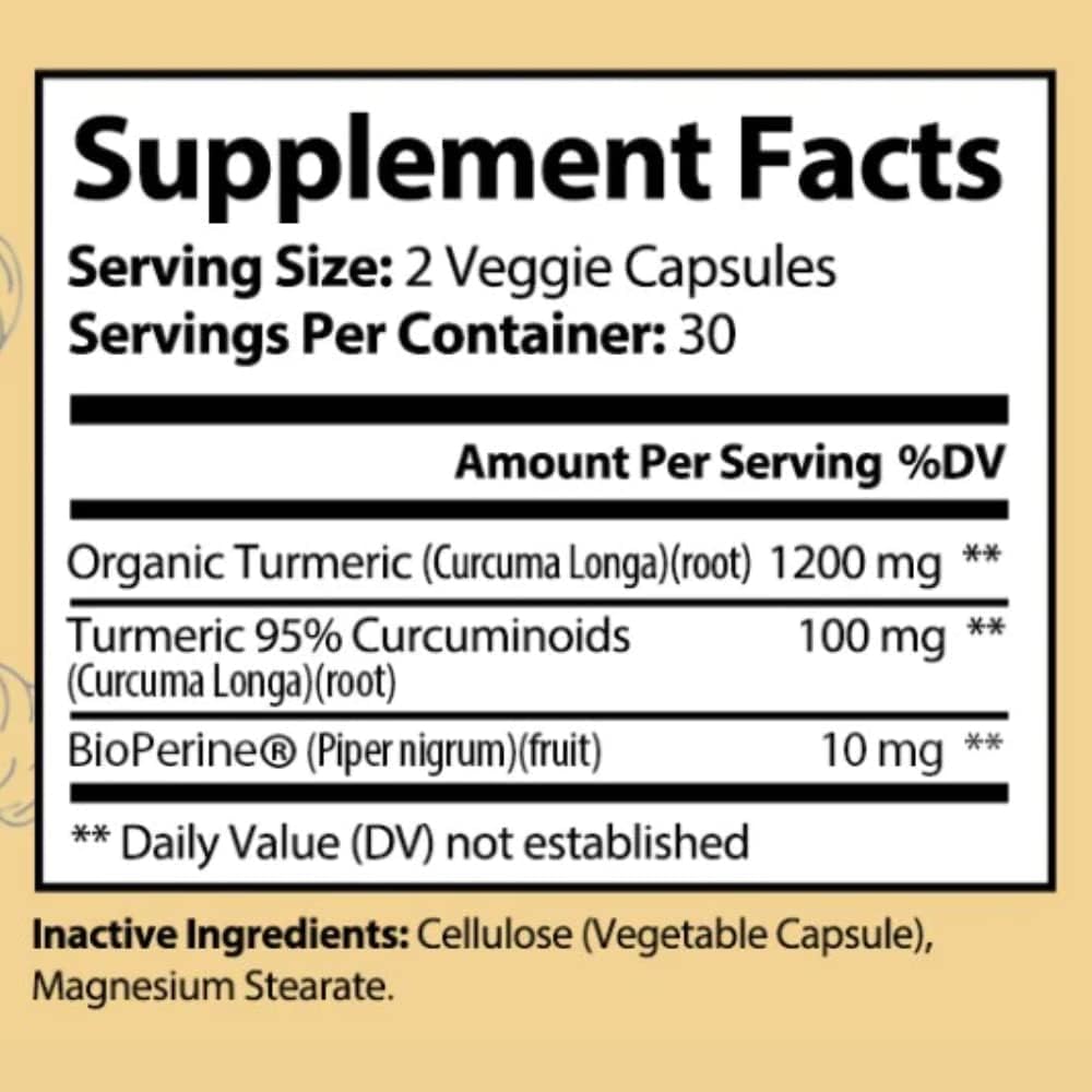 Vita Organics Turmeric Curcumin 1300mg - Extra‑Strength Joint & Inflammation Support - High Absorption with Black Pepper Extract - 95% Curcuminoids Joint Support Supplement - 60 Capsules