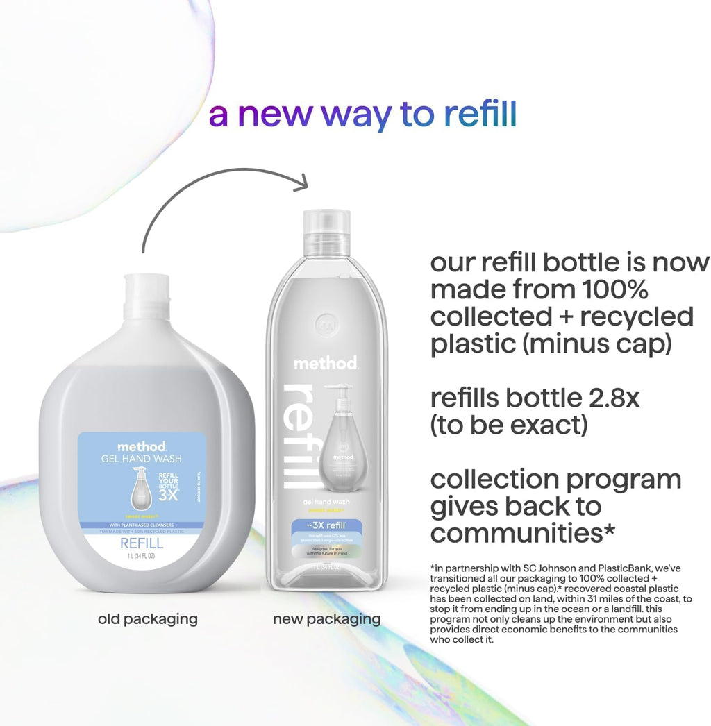 Method Gel Hand Soap Refill, Sweet Water, Recyclable Bottle, 34 oz (Pack of 4) (Packaging May Vary)