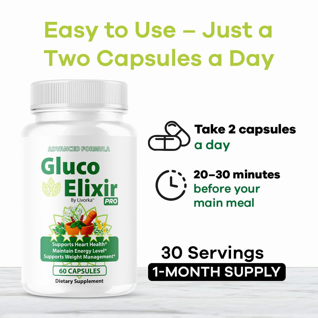 GlucoElixir Pro Capsules - Official GlucoElixir Pro Blood Health Support Advanced Formula Pills - Maximum Strength, Natural Vitamins for Overall Health & Wellness, 60 Capsules for 1 Month