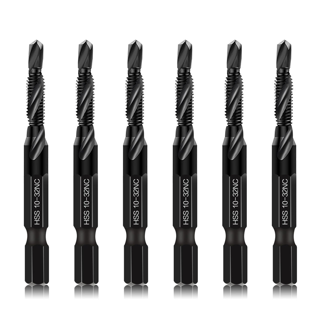 6-Piece 10-32NC Combination Drill Tap Countersink Bit Set SAE, Made of High-Speed Steel with Anti-Rust Blackened Coating, Ideal for Soft Metal, Wood & Plastic, 10-32NC Thread Size, 1/4” Hex Shank