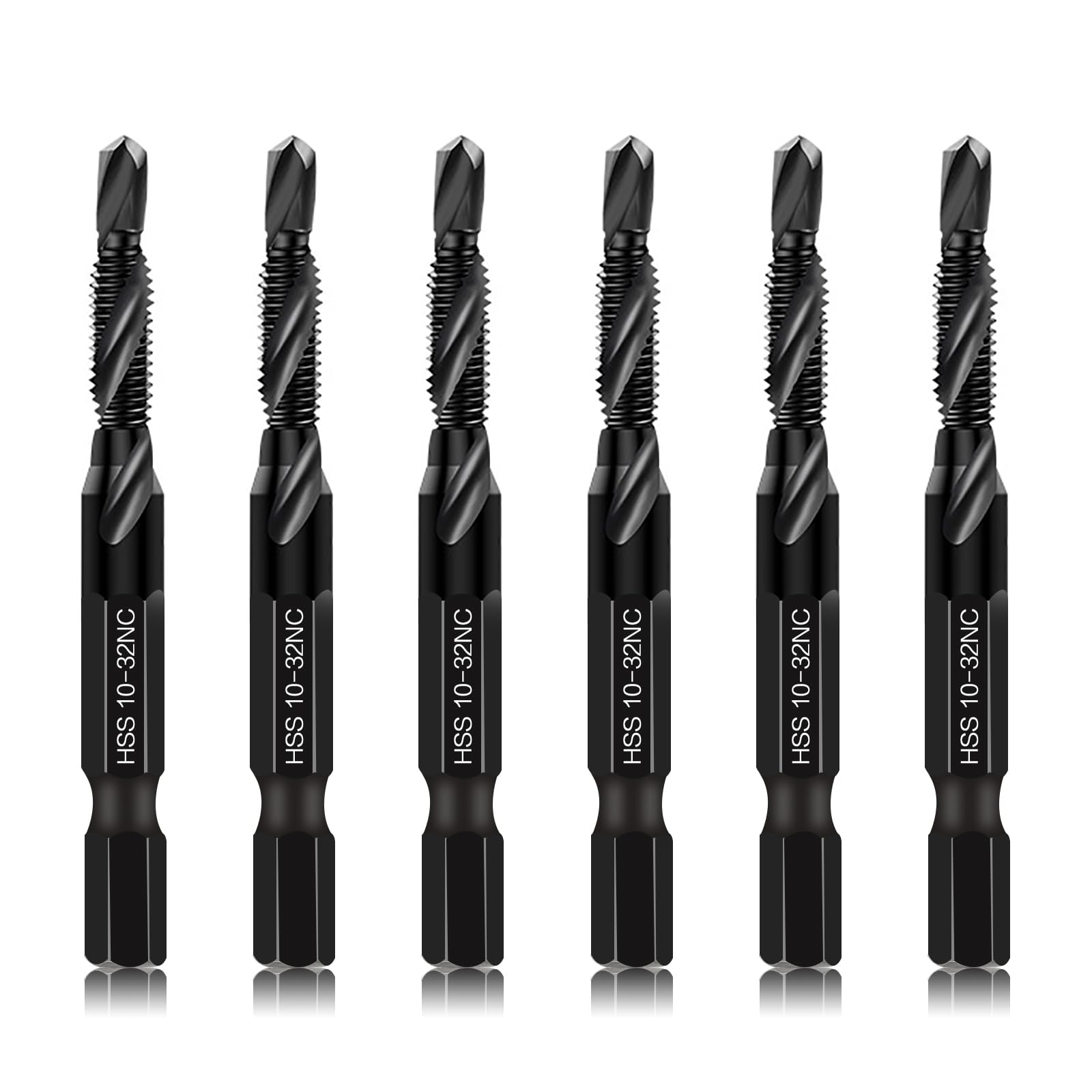 6-Piece 10-32NC Combination Drill Tap Countersink Bit Set SAE, Made of High-Speed Steel with Anti-Rust Blackened Coating, Ideal for Soft Metal, Wood & Plastic, 10-32NC Thread Size, 1/4” Hex Shank