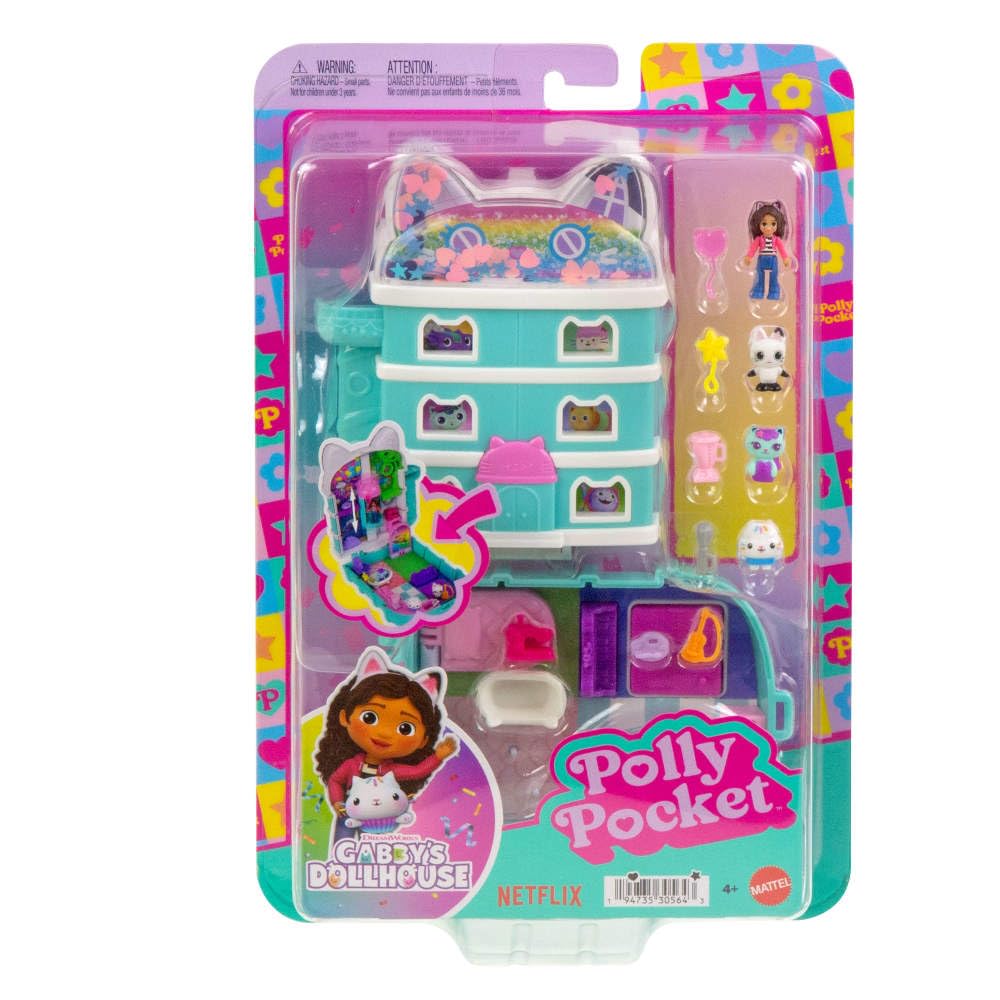 Polly Pocket x Gabby’s Dollhouse Compact, Micro Dolls and Playset, 9 Themed Accessories, Pandy Paws, Cakey, & Mercat Pet Friends