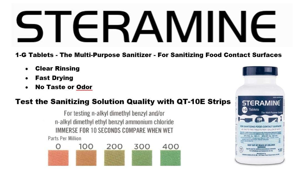 2 Bottles Steramine Sanitizer Tablets (300 Count) + 15x QT-10 Test Strip