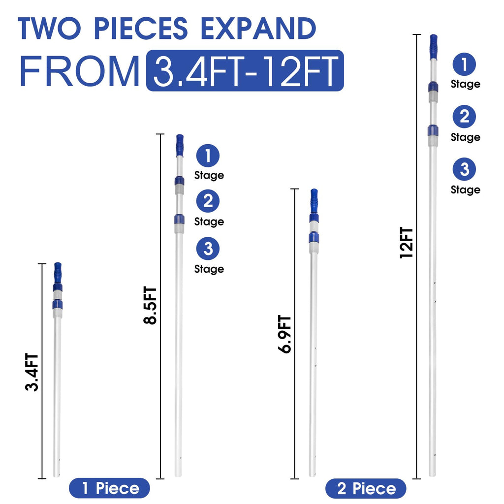 Poolvio 12 FT Telescopic Swimming Pool Pole - Adjustable 2 Piece Aluminum Pool Pole for Pool Cleaning Skimmer Nets Vacuum Heads & Brushes, Strong Grip & Lock