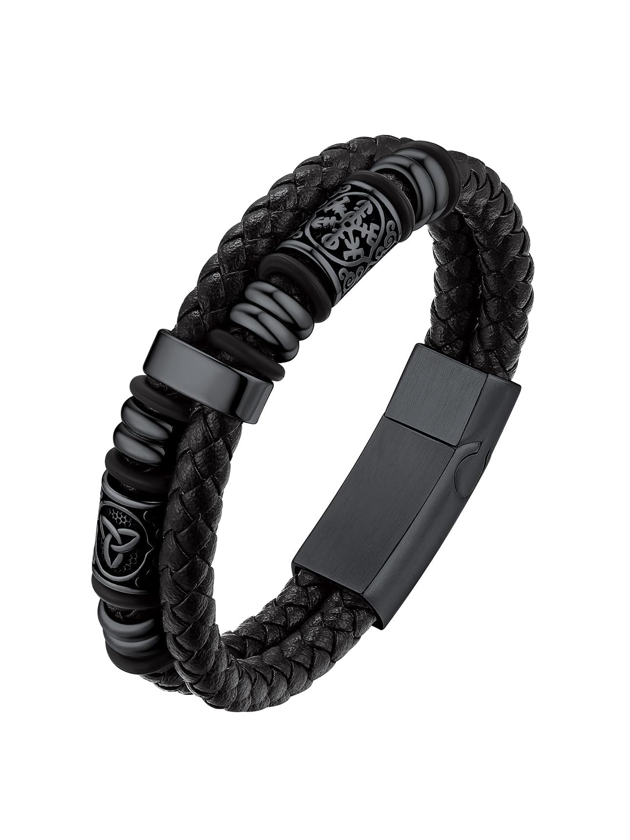 Bestyle Lucky Viking Celtic Bracelet Black Bracelet for Men Double Layer Black Leather Cuff Bracelet, Fashion Punk Retro Men Wristband Leather Bracelet Great Gift for Father Husband, 21cm/8.3 Inch