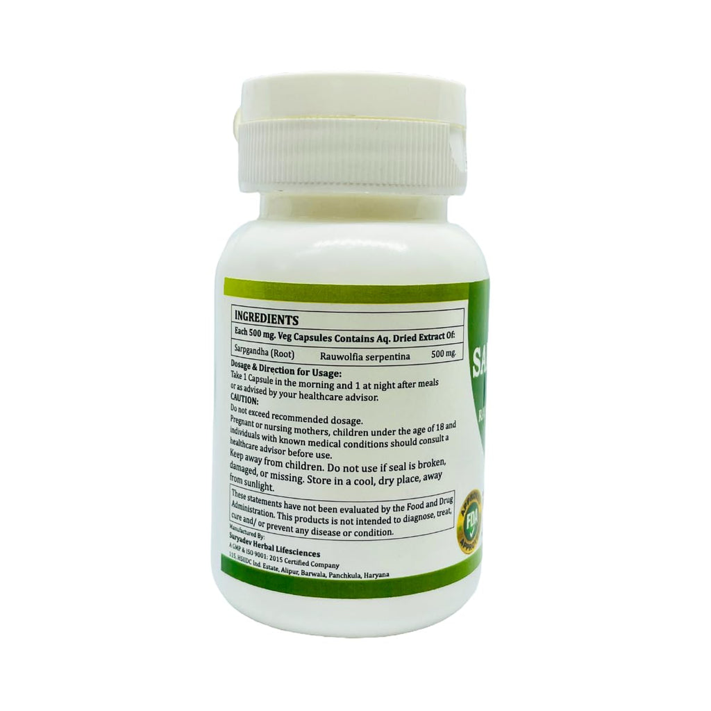 Morsan Healthcare Sarpgandha (Rauvolfia Serpentina) 500 mg. Capsules, Pure and Herbal Supplement 60 mg. Veg. Capsules