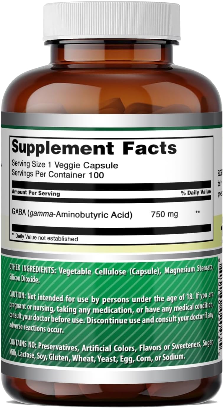 Amazing Formulas GABA 750mg Per Serving Veggie Capsules Supplement | Non-GMO | Gluten Free | Made in USA | Ideal for Vegetarians (2 Pack | 100 Count)