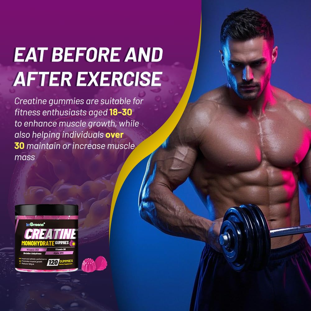 Creatine Monohydrate Gummies 6g for Men & Women, Potent Creatine Supplement, Chewables Creatine for Energy Boost, Increase Strength and Build Muscle, Gluten-Free, Sugar Free,120 Count