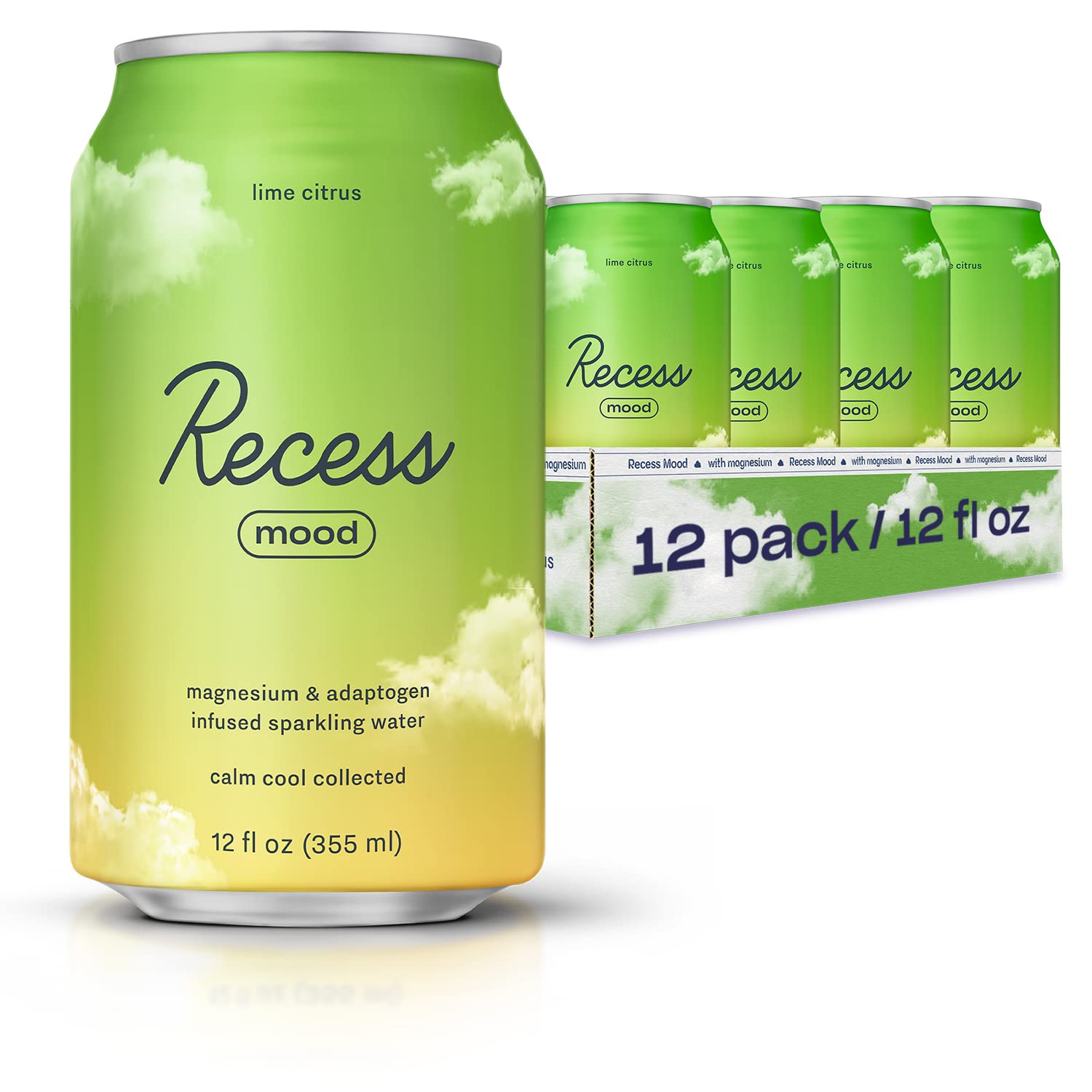 Recess Mood Lime Citrus Functional Sparkling Water, Magnesium & Adaptogen Infused Sparkling Water, 12 Fluid Ounce (Pack of 12)