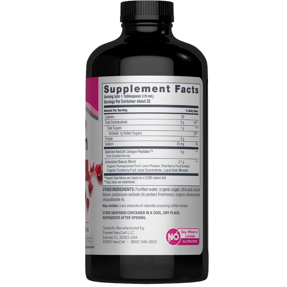 NeoCell Liquid Collagen, Skin, Hair, Nails and Joints Supplement, Includes Fruit Juice Concentrates and Green Tea Blend, Pomegranate, 16 oz., 1 Bottle