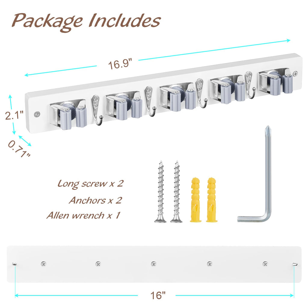 OUTNILI Mop and Broom Holder Wall Mount - White Broom Mop Hanger - Wall Mounted Garden Tool Rack Organizer for Closet Garage Laundry Room Kitchen Decor With 5 Slots & 4 Hooks