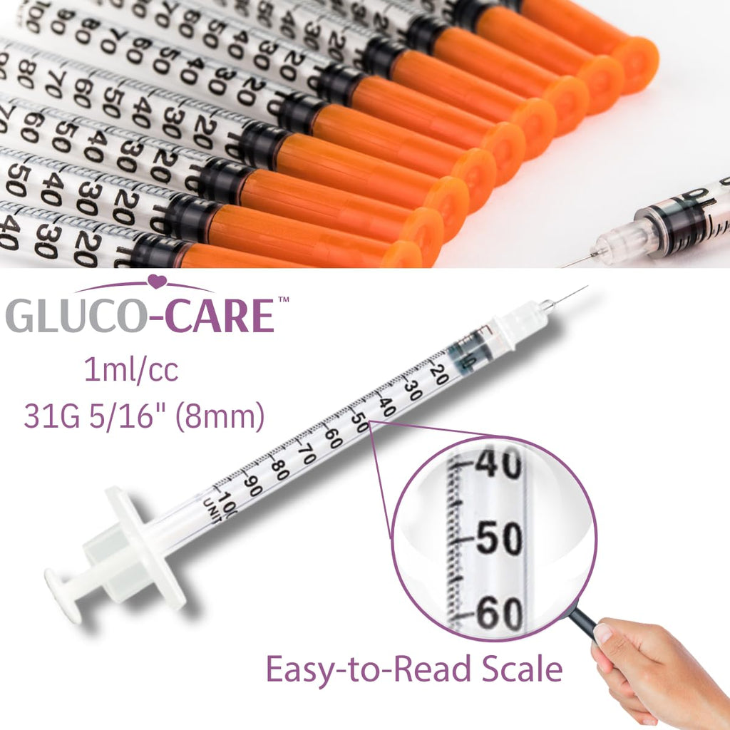 GLUCO-CARE 1 ml/cc Syringes 31G x 5/16’’ (8mm), Orange Cap, 100/box