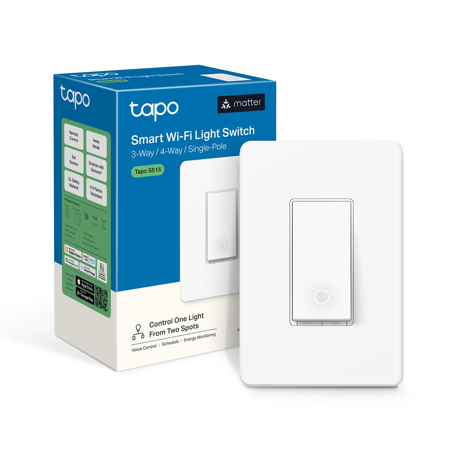 TP-Link Tapo Smart Switch, Single-Pole/3-Way/4-Way, Matter Compatible, Energy Monitoring, Neutral Wire Required, Works with Alexa, Siri, Google Home, SmartThings, UL Certified, 2.4GHZ Wi-Fi, Tapo S515