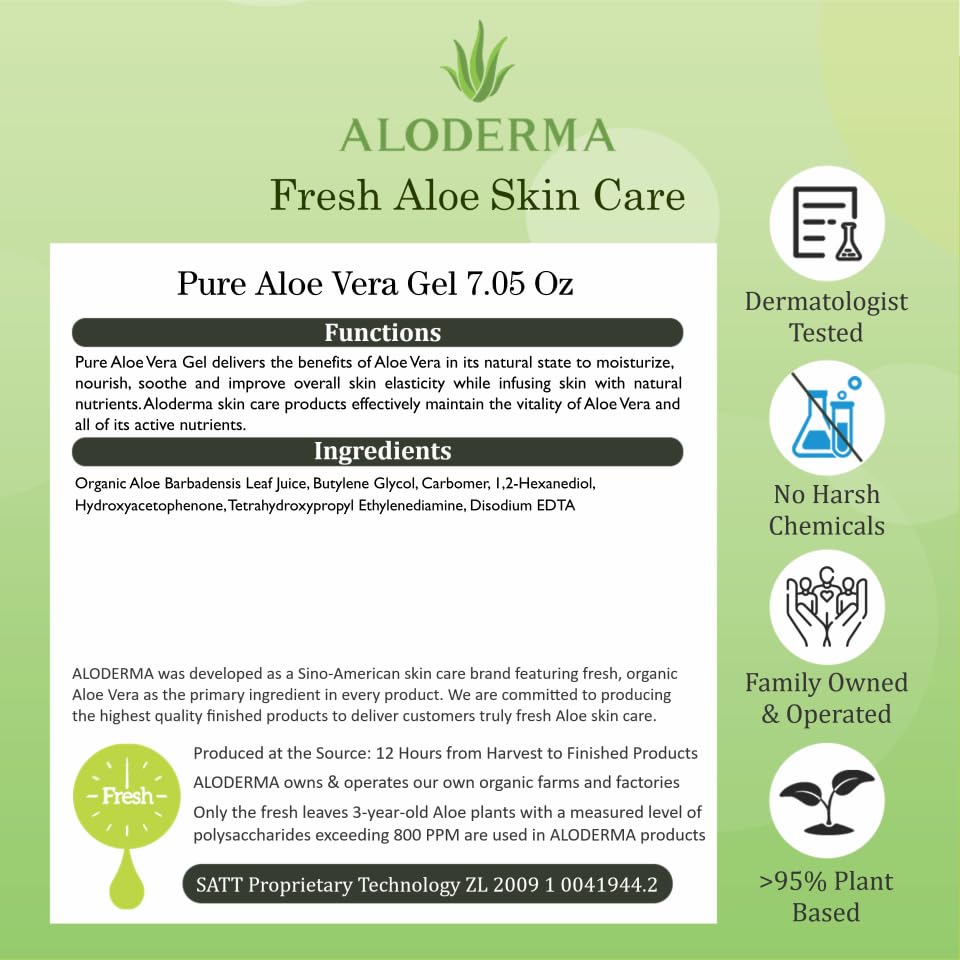 Aloderma Aloe Vera Gel Made within 12 Hours of Harvest with 96% Pure Organic Aloe Vera for Skin, Scalp, & Hair, Soothing Aloe Face Moisturizer, Multipurpose, Hydrating Aloe Gel, 7oz, 3-Pack