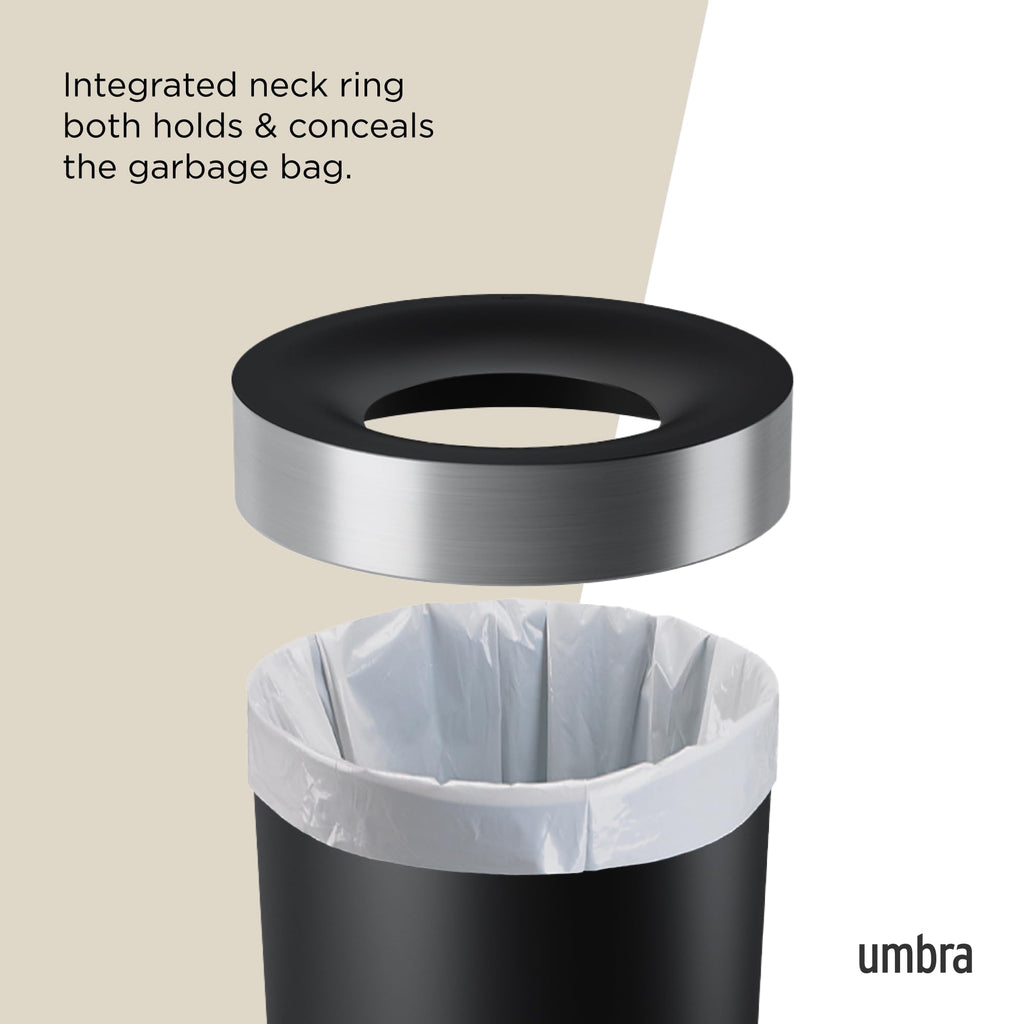 Umbra Vento Kitchen Trash Can – Large 16 Gal (62 L) Open Top Garbage Can for Home & Office – Modern Clean Design, Black/Nickel