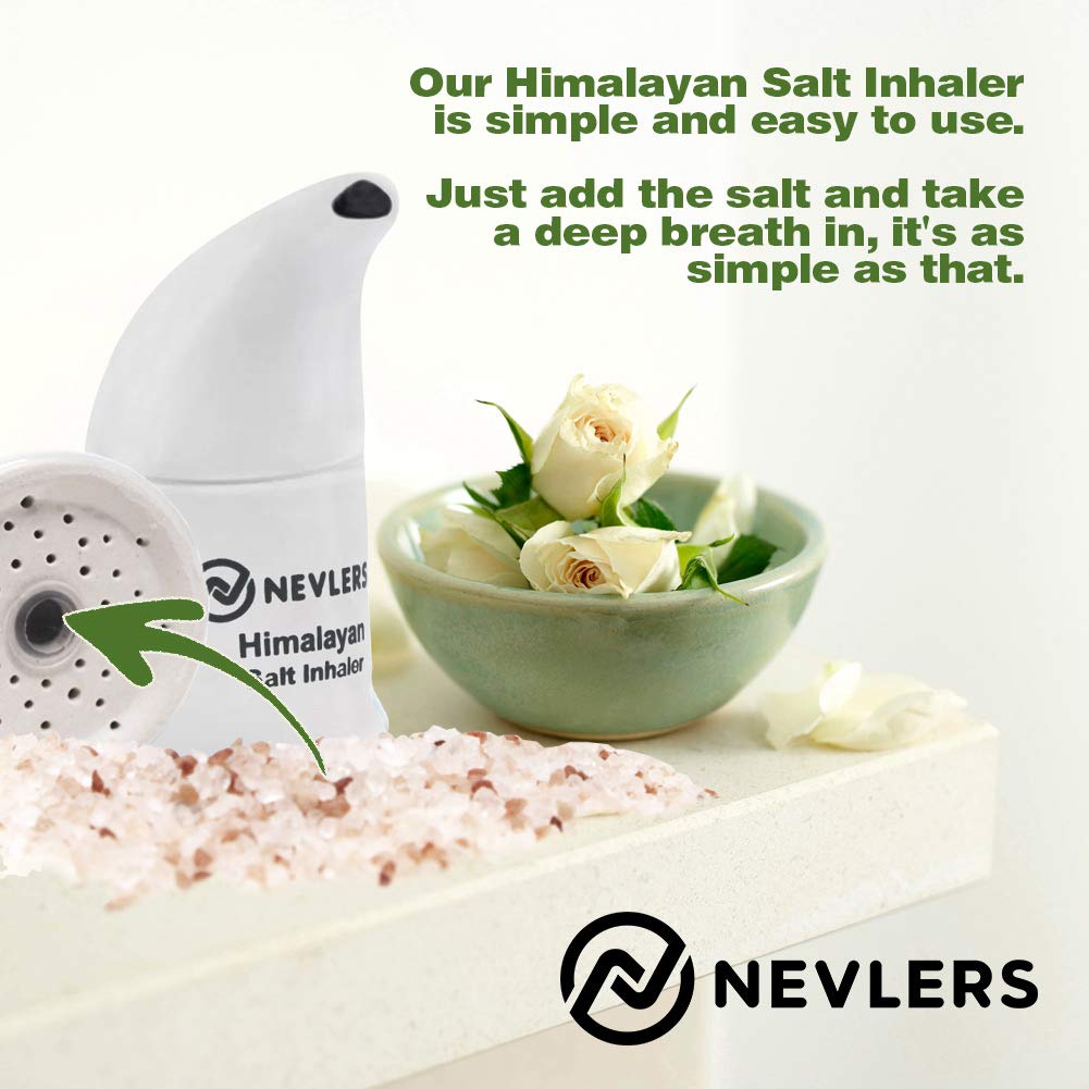 Nevlers White Himalayan Salt Inhaler for Lungs & Nose w/ 6 Oz Coarse Pink Himalayan Sea Salt | Portable Ceramic Himalayan Pink Salt Inhaler | Natural Homeopathic Sinus & Asthma Relief Smelling Salts