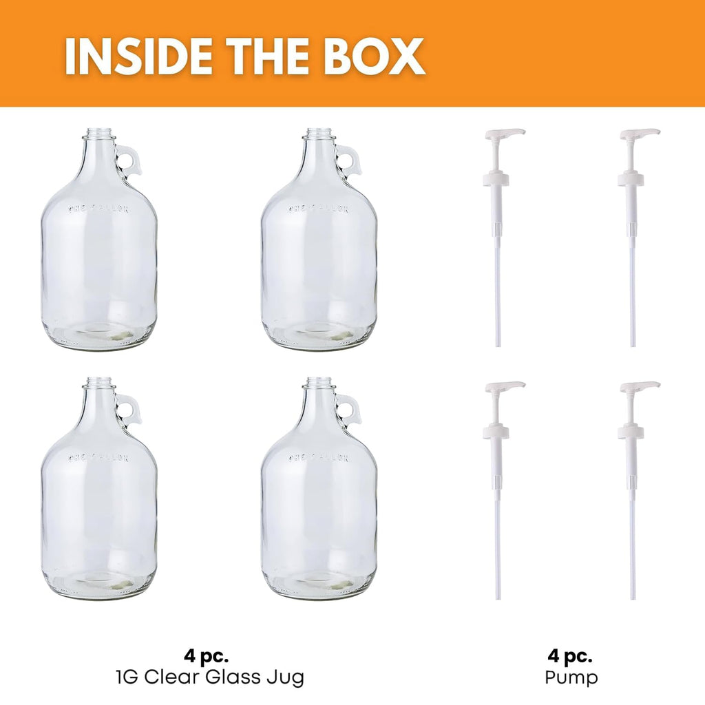 Glass Laundry Detergent Dispenser 4-Pack with Pumps | 1 Gallon Glass Jug