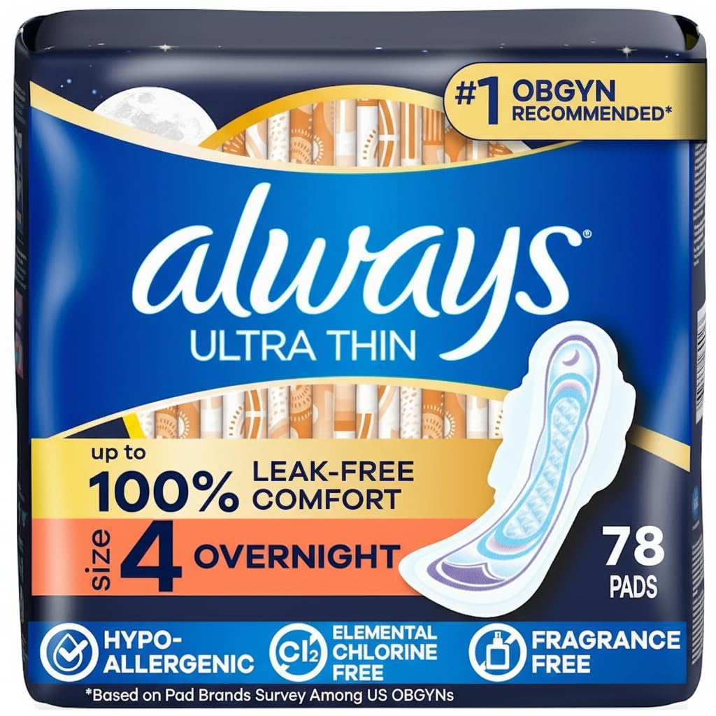 Always Ultra Thin Overnight Pads with Wings, Size 4, Overnight, 78 Count (3 Packs of 26)