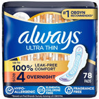 Always Ultra Thin Overnight Pads with Wings, Size 4, Overnight, 78 Count (3 Packs of 26)