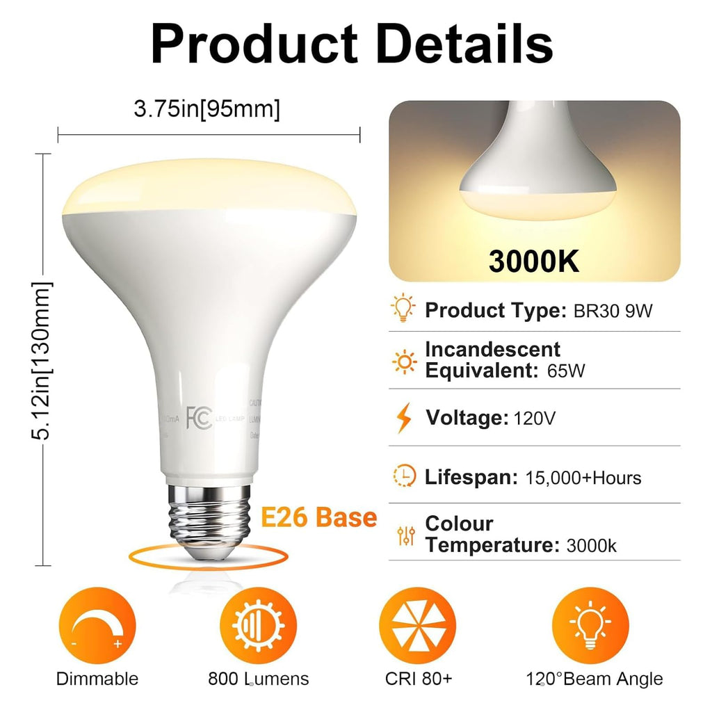 TJOY LED Flood Light Bulb 4 Pack, Recessed Ceiling Bulb, BR30, 65W Equivalent Efficient 9W, Dimmable, E26 Base, Warm White 3000K, 10 Year, 800 Lumens, 80CRI, LED Ceiling Light for Kitchen, Living room