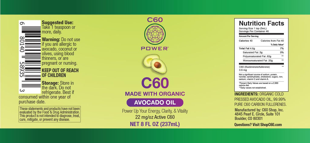 C60 Power C60 in Organic Avocado Oil - Natural Wellness & Antioxidant Support for Men & Women, 99.99% Pure Carbon Fullerenes, Promotes Energy, Mental Clarity, & Stamina - 8 fl oz Bottle