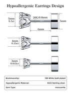 3 Pairs Moissanite Flatback Stud Earrings for Women, 925 Sterling Silver Hypoallergenic Flat Back Cartilage Earrings Set, 18K White Gold Plated (3,4,5mm)