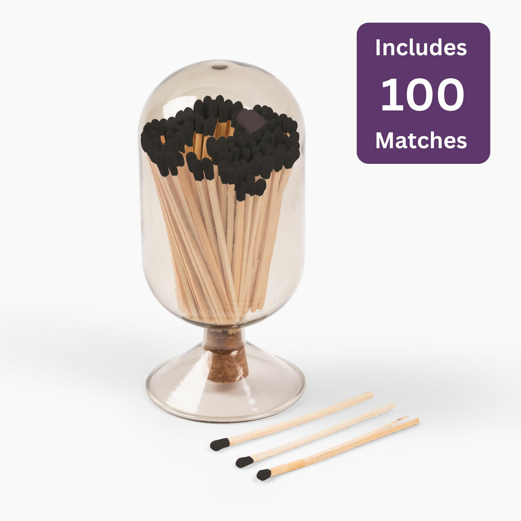 MILAVERA Premium Glass Match Cloche - Matches in a Jar with Striker. Long Matches for Candles, Fireplace, Bath Salts, Accessories. Includes Bottle, Attached Match Striker and Safety Matches (Black)