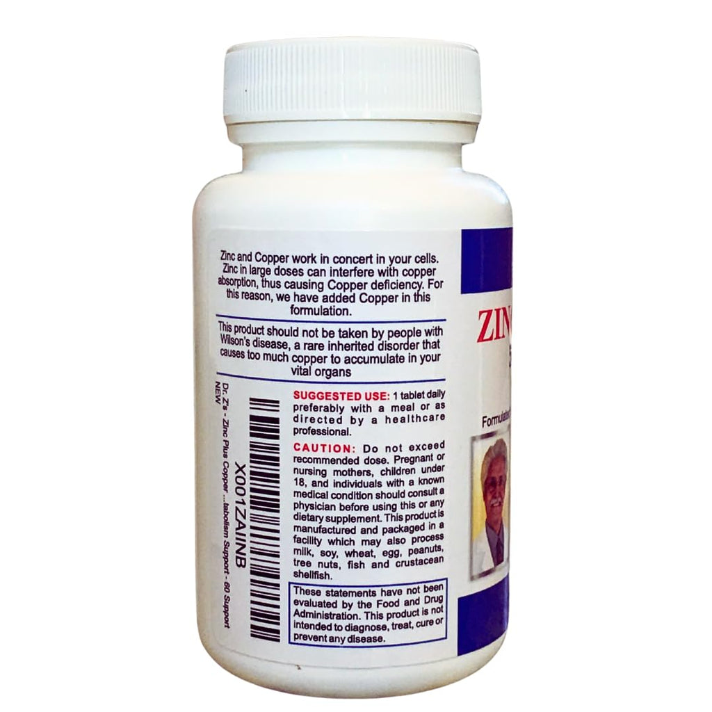 Dr. Z's Vitamins: Zinc Plus Copper-50 MG of Chelated Zinc and 2 MG of Copper- Supports: Energy, Immune System, Skin & Hair -60 Easy to Swallow Tablets