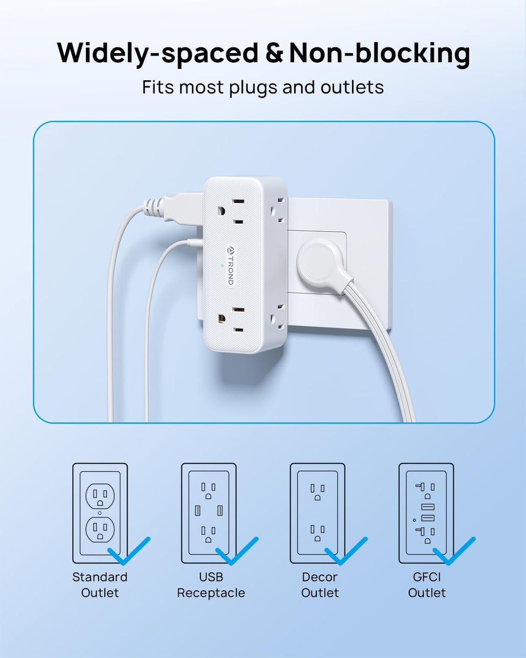 TROND 360° Rotating Wall Outlet Extender 2 Pack, 6AC Outlet Splitter with 2 PD20W USB C Charger and 2 USB A Ports, 900J Surge Protector, 3-Way Sideways Plug Adapter for Kitchen, Bathroom, Bedroom