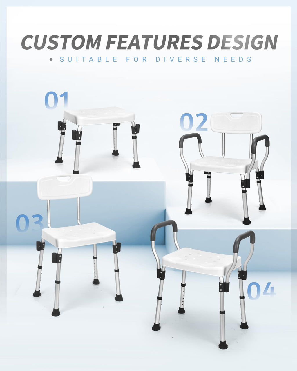 Sangohe Shower Chair, Heavy Duty Shower Seat with Back, Arms, Adjustable Height, Ideal for Bathtub, Handicap, Elderly, 796C