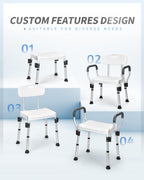 Sangohe Shower Chair, Heavy Duty Shower Seat with Back, Arms, Adjustable Height, Ideal for Bathtub, Handicap, Elderly, 796C