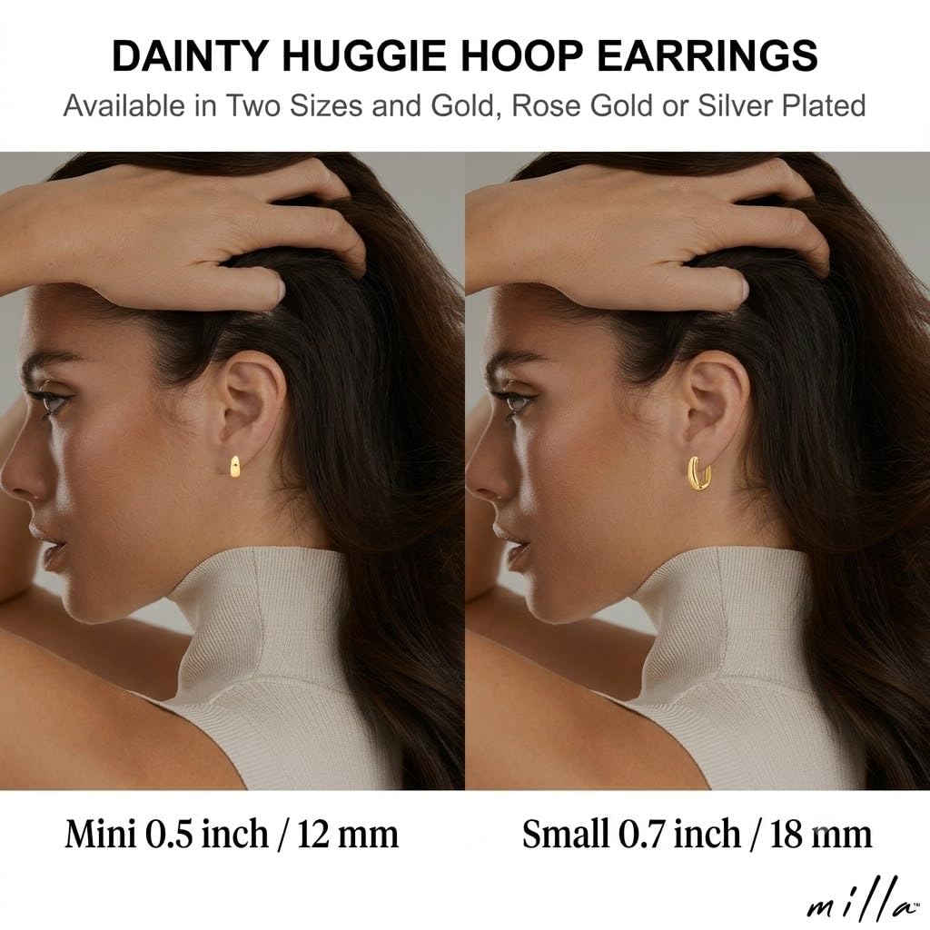 Milla Small Huggie Hoop Earrings for Women, 14K Gold Plated, 0.5 inches