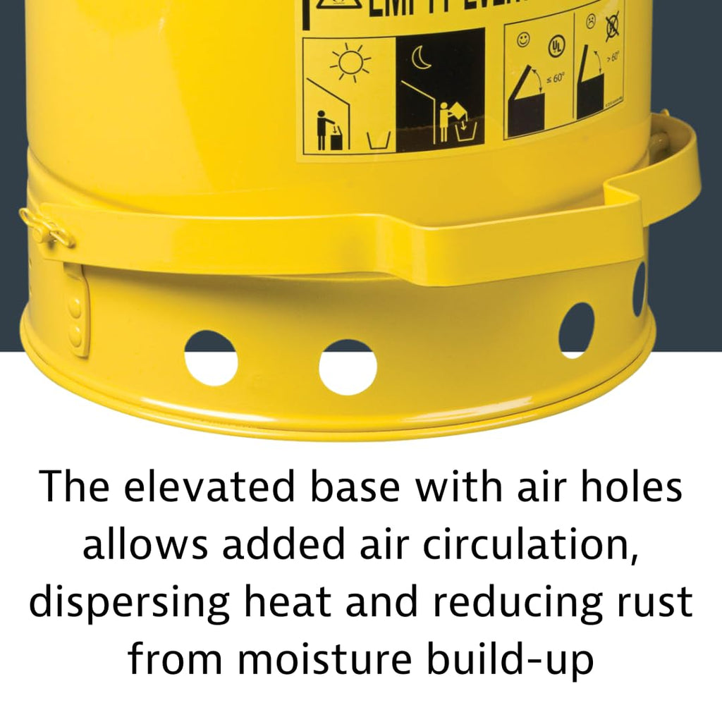 Justrite 21 Gallon Galvanized Steel Oily Waste Can, 23.5" x 18" Metal Oil Rag Safety Can with Foot Operated Self-Closing Lid for Oil Rag Disposal, Made in The USA, Yellow, 09701