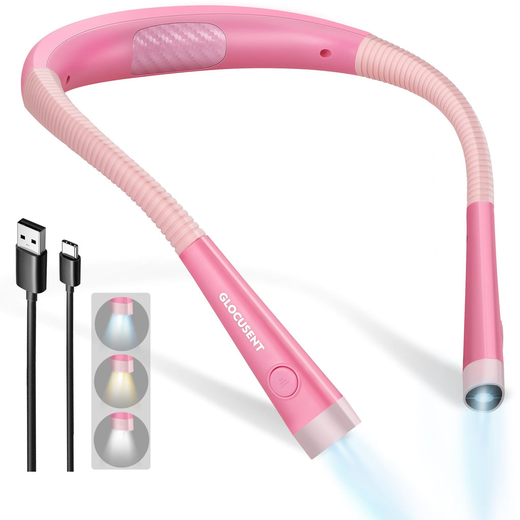 Glocusent Reading Light,Pink Neck Light,80-hr Rechargeable Book Light