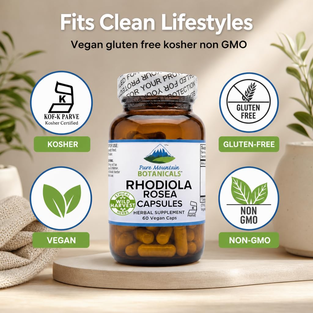 Pure Mountain Botanicals Rhodiola Rosea Supplement - 60 Capsules 250mg - Root Extract Standardized 3% Rosavins 1% Salidroside - Vegan Kosher Gluten Free