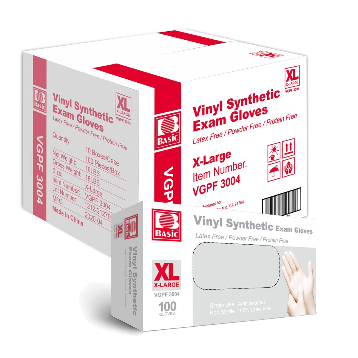 Basic Medical Clear Vinyl Exam Gloves - Latex-Free & Powder-Free - VGPF-3004 (Case of 1,000), Xtra Large