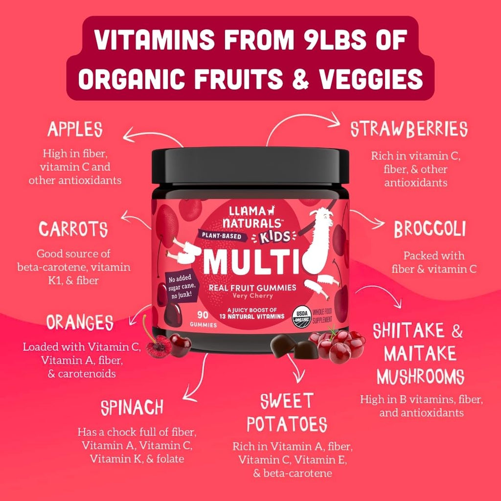 Llama Naturals Kids Multivitamin Gummies | Real Fruit, No Added Sugar Cane | Organic Vegan Toddler Whole Food Vitamins | Vitamin D, C & Beta Carotene Gummy Supplement | Cherry 180 Ct (2-3 Months)