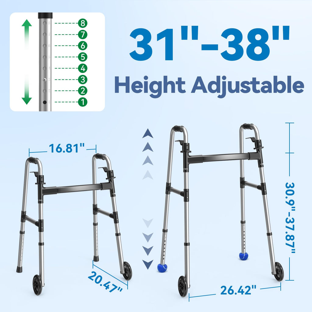 Loyoda Folding Walker with 2 Precut Tennis Balls, 5" Wheels Lightweight Walkers for Seniors and Adults, Supports Up to 350 Pounds, Adjustable Height, Compact Standard Walker