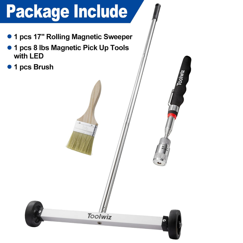 Toolwiz 17" Rolling Magnetic Sweeper 10lbs, with 8 lbs Telescopic Magnetic Pick Up tools with LED light–Lightweight Pick-up Sweeper with Wheels for Nails, Screws & Metal Debris Home Use Workshop