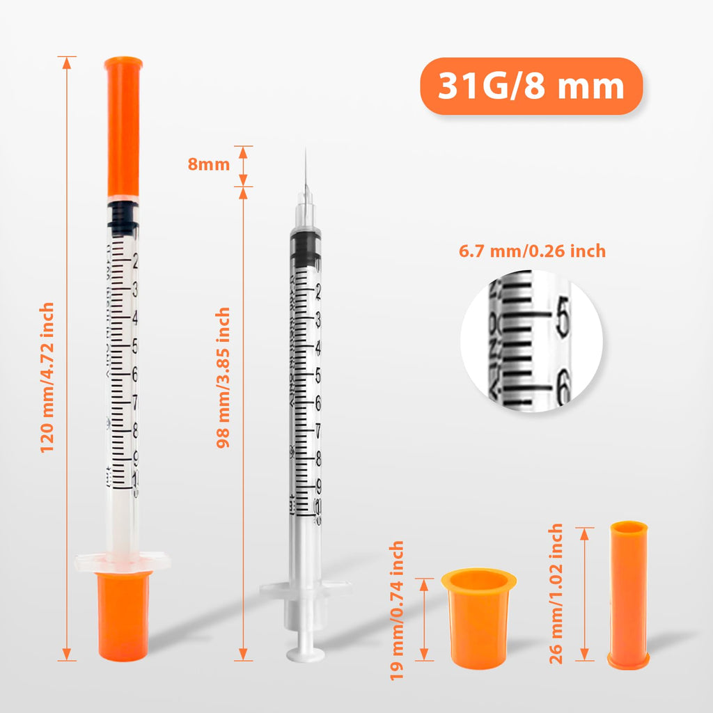 30 Pack U-100 1ml Syringes with Needle, 31G 5/16" 8mm 1cc Syringe