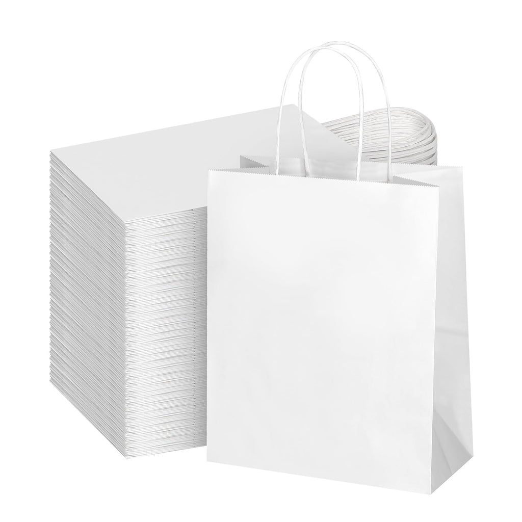 bagmad 100Pcs Pack 8x4.75x10 inch Medium White Kraft Paper Bags with Handles Bulk, Gift Bags, Craft Grocery Shopping Retail Birthday Party Favors Wedding Sacks Restaurant Takeout, Business (100)
